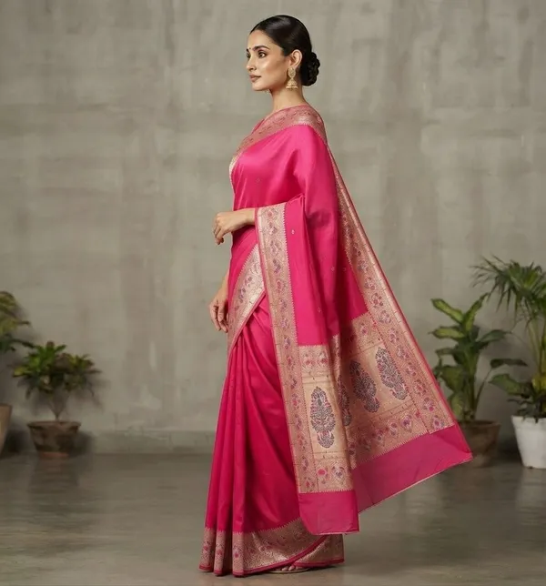 Rani_Pink_Silk_Saree_Plain_with_Heavy_Meena_Work_Achal_&_Border