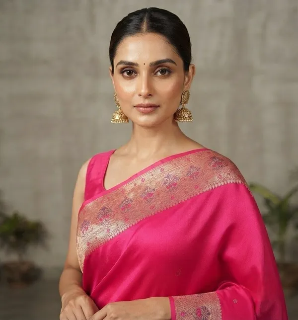 Rani_Pink_Silk_Saree_Plain_with_Heavy_Meena_Work_Achal_&_Border