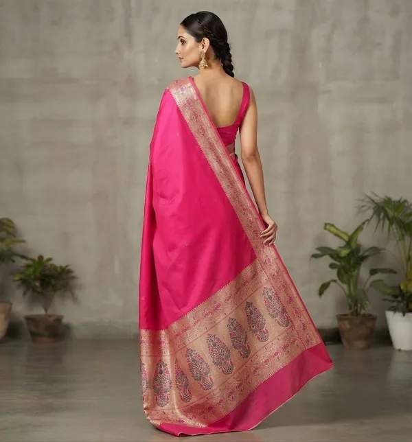 Rani_Pink_Silk_Saree_Plain_with_Heavy_Meena_Work_Achal_&_Border
