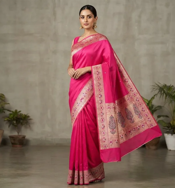 Rani_Pink_Silk_Saree_Plain_with_Heavy_Meena_Work_Achal_&_Border