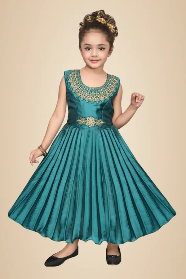 Teal_Premium_Silk_Blend_Gowns_For_Kids_Girls