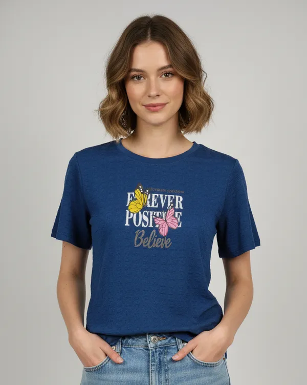 Navy_Blue_Casual_T-Shirt_Summer_Wear_Popcorn_Fabric_For_Women