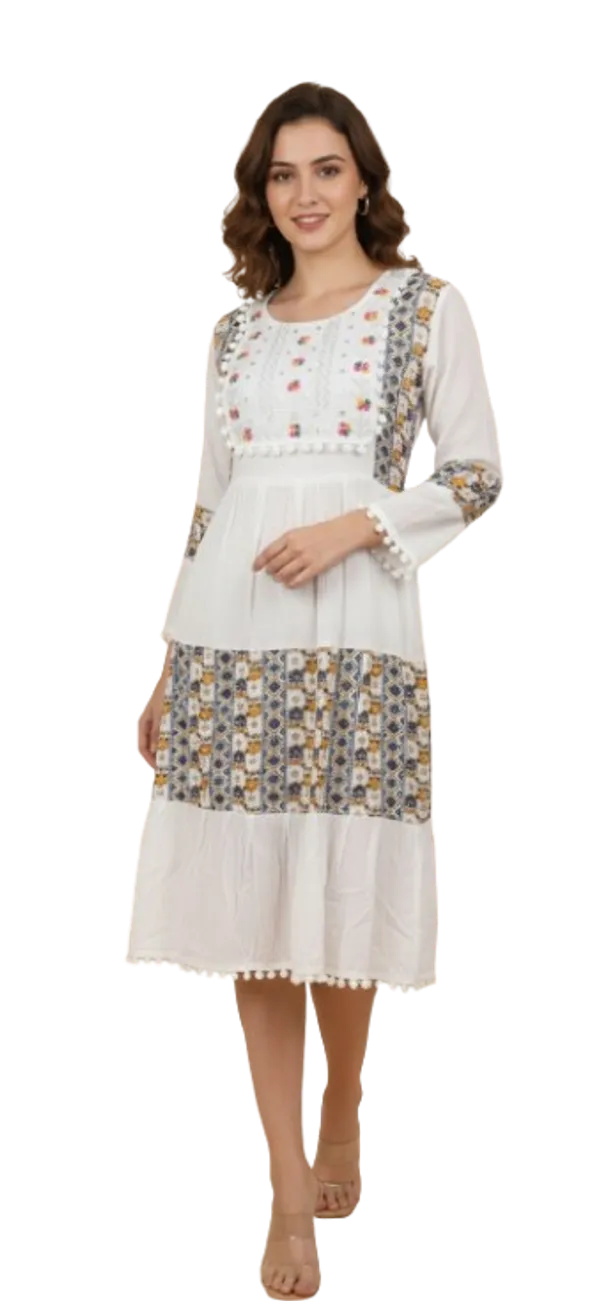 White_&_Blue_Ethnic_Printed_Or_Patchwork_Design,_Pom-Pom_Lace_Gown_For_Women