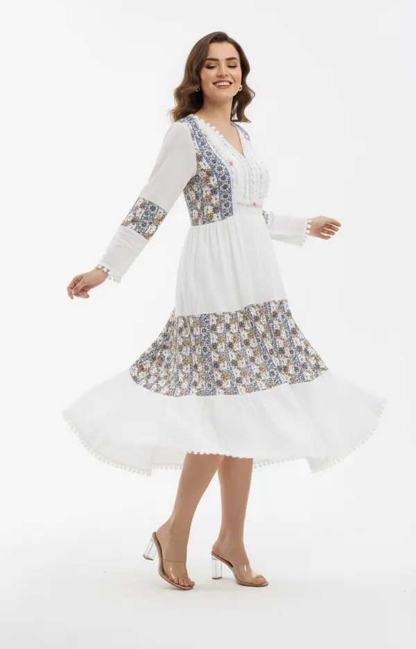 White_&_Blue_Ethnic_Printed_Or_Patchwork_Design,_Pom-Pom_Lace_Gown_For_Women