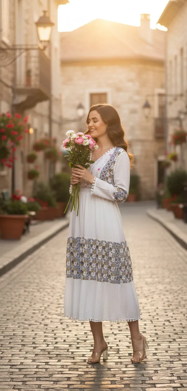 White_&_Blue_Ethnic_Printed_Or_Patchwork_Design,_Pom-Pom_Lace_Gown_For_Women