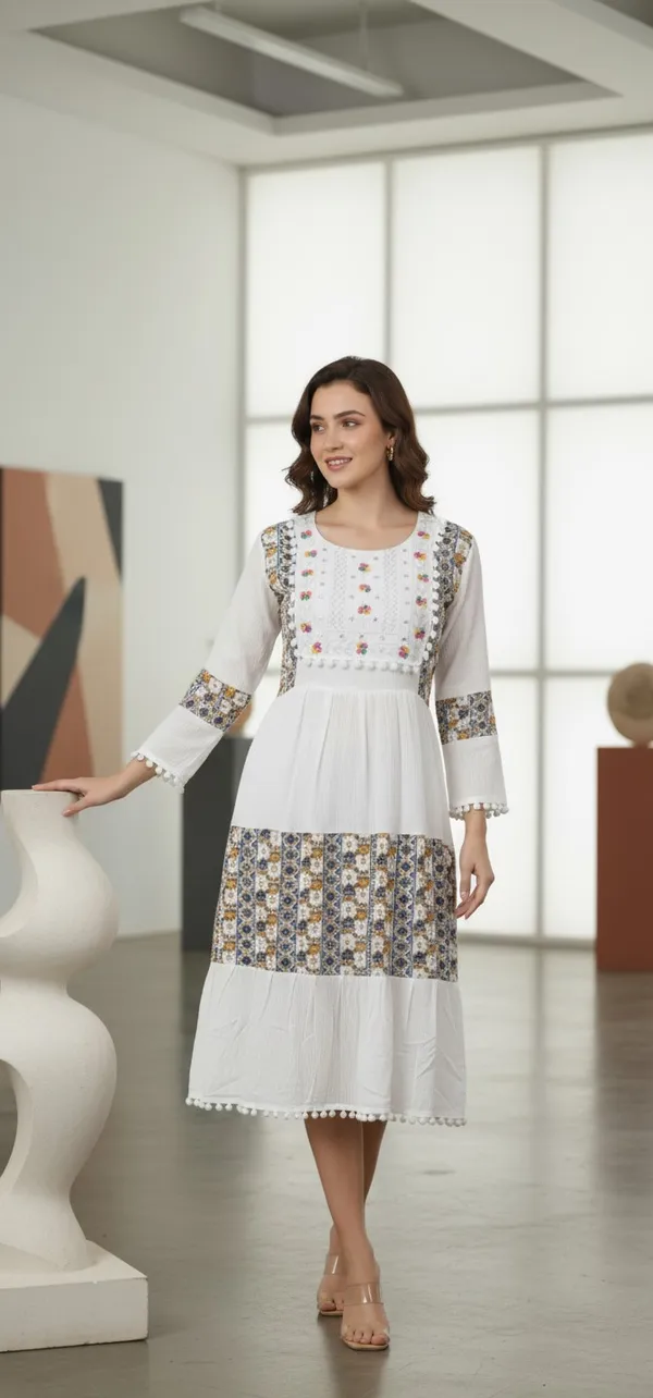 White_&_Blue_Ethnic_Printed_Or_Patchwork_Design,_Pom-Pom_Lace_Gown_For_Women
