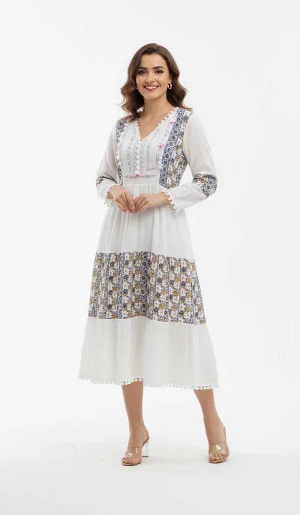 White_&_Blue_Ethnic_Printed_Or_Patchwork_Design,_Pom-Pom_Lace_Gown_For_Women