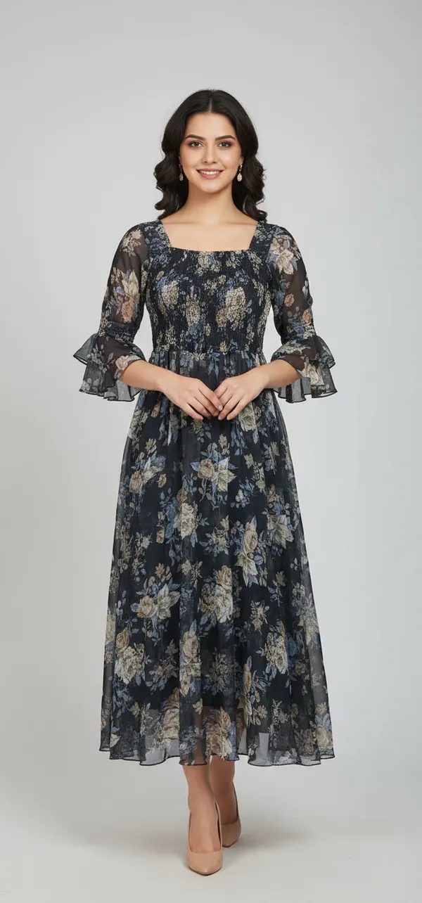 Black_Georgette_Floral_Print_Smocked_Dress_For_Women