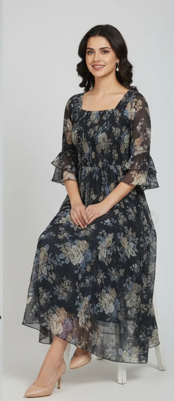 Black_Georgette_Floral_Print_Smocked_Dress_For_Women