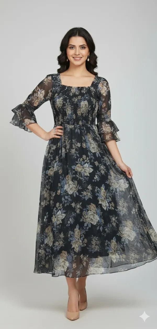 Black_Georgette_Floral_Print_Smocked_Dress_For_Women
