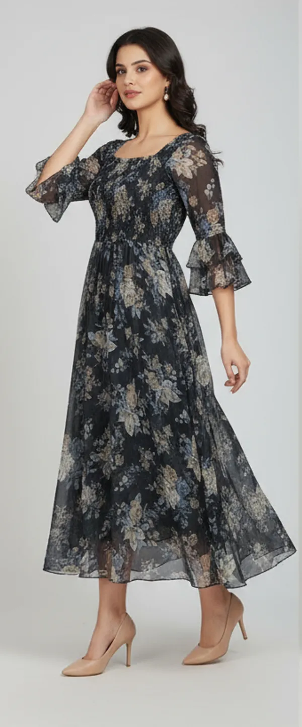 Black_Georgette_Floral_Print_Smocked_Dress_For_Women