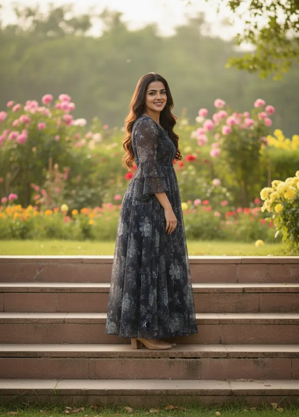 Navy_Blue_Georgette_Floral_Print_Smocked_Dress_For_Women