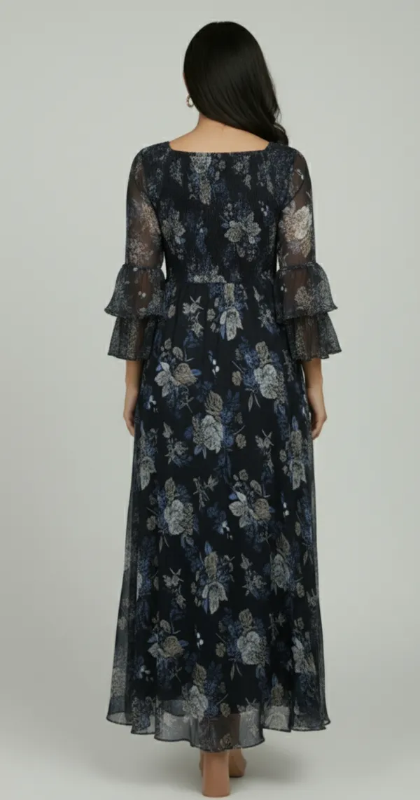 Navy_Blue_Georgette_Floral_Print_Smocked_Dress_For_Women