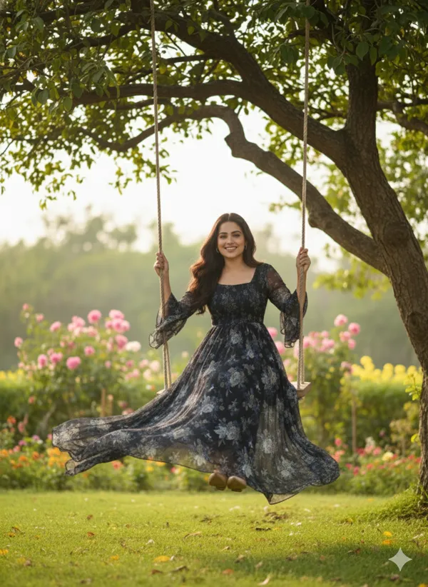 Navy_Blue_Georgette_Floral_Print_Smocked_Dress_For_Women