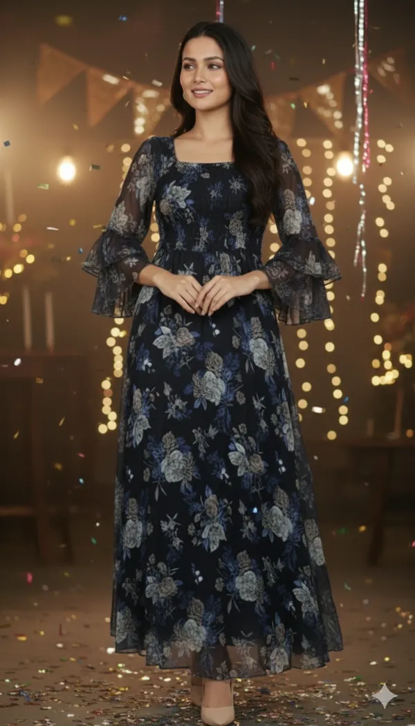 Navy_Blue_Georgette_Floral_Print_Smocked_Dress_For_Women