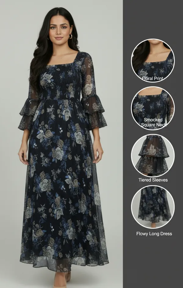 Navy_Blue_Georgette_Floral_Print_Smocked_Dress_For_Women