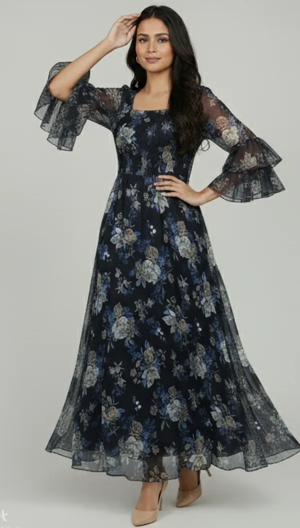 Navy_Blue_Georgette_Floral_Print_Smocked_Dress_For_Women