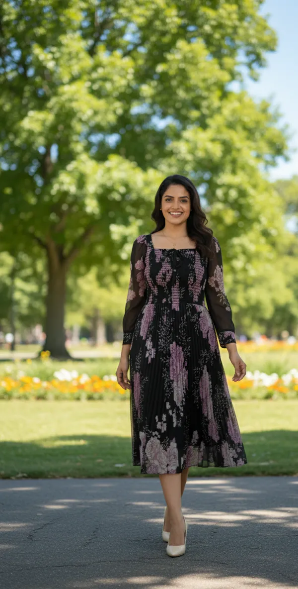 Black_&_Pink_Smocked_Floral_Midi_Dress_With_Bow_And_Puff_Sleeves_Midi_Dress_For_Women