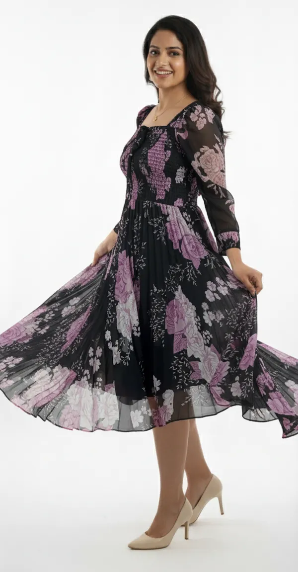 Black_&_Pink_Smocked_Floral_Midi_Dress_With_Bow_And_Puff_Sleeves_Midi_Dress_For_Women