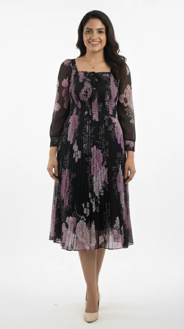 Black_&_Pink_Smocked_Floral_Midi_Dress_With_Bow_And_Puff_Sleeves_Midi_Dress_For_Women