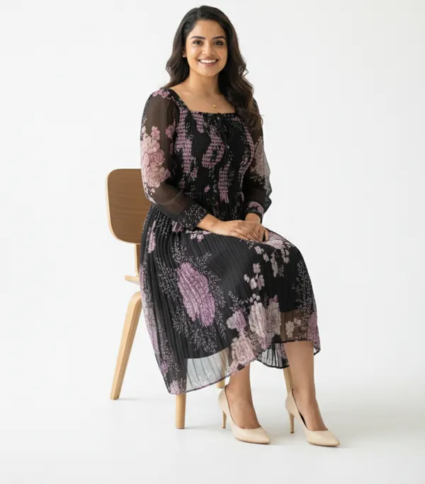 Black_&_Pink_Smocked_Floral_Midi_Dress_With_Bow_And_Puff_Sleeves_Midi_Dress_For_Women