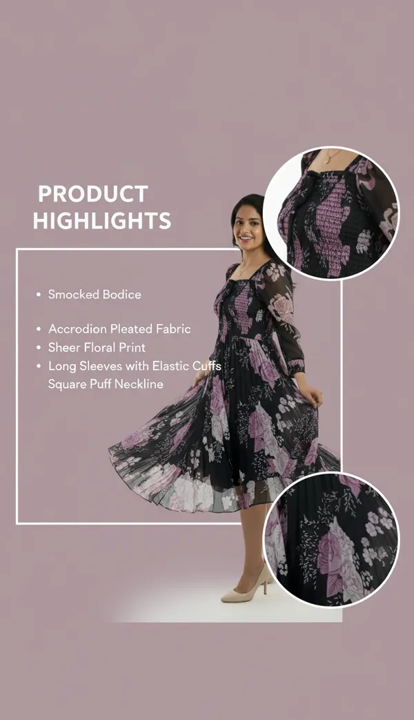 Black_&_Pink_Smocked_Floral_Midi_Dress_With_Bow_And_Puff_Sleeves_Midi_Dress_For_Women