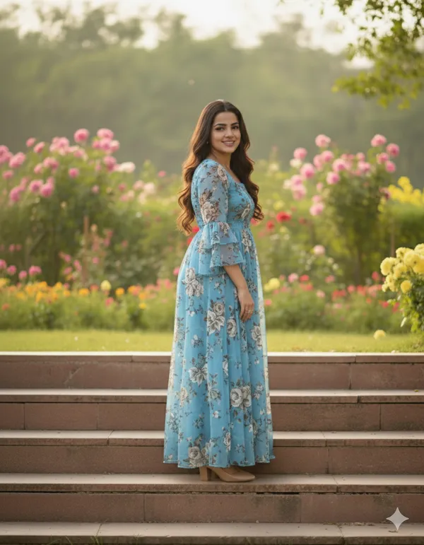 Sky_Blue_Georgette_Floral_Print_Smocked_Dress_For_Women