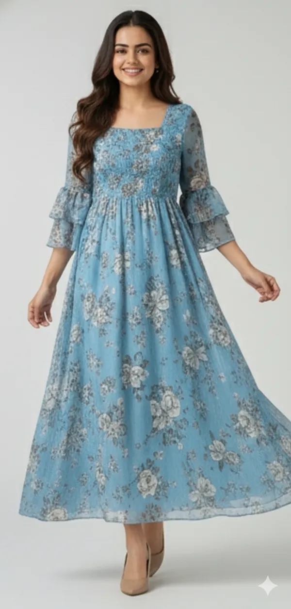 Sky_Blue_Georgette_Floral_Print_Smocked_Dress_For_Women