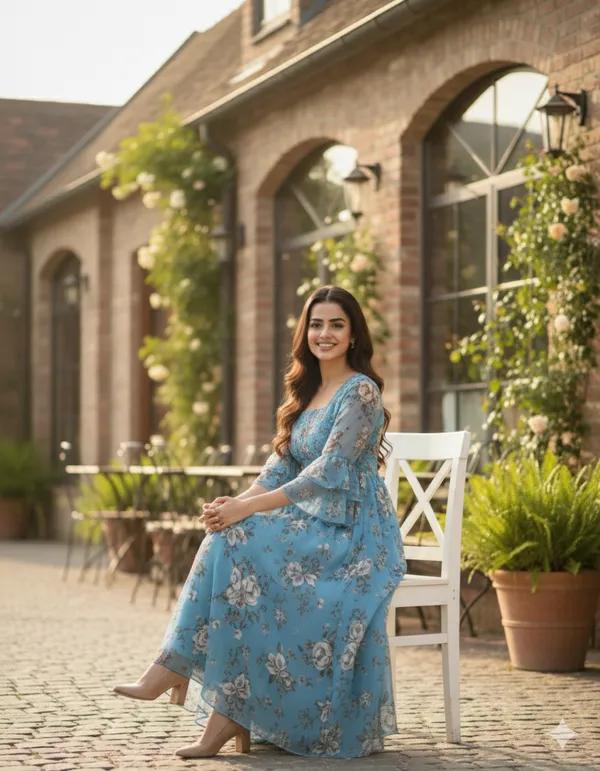 Sky_Blue_Georgette_Floral_Print_Smocked_Dress_For_Women