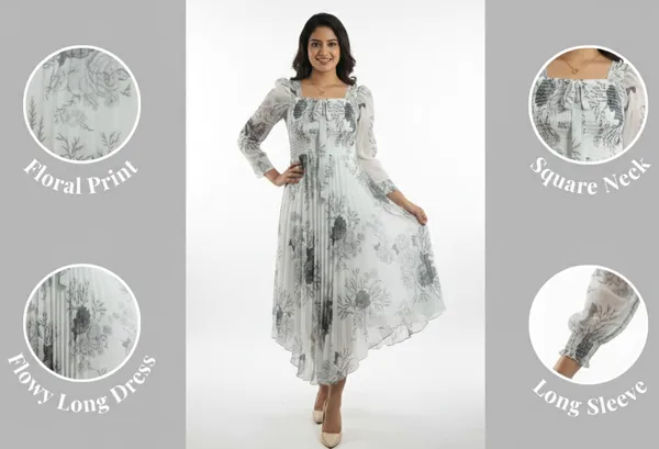 Off_White_&_Grey_Smocked_Floral_Midi_Dress_With_Bow_And_Puff_Sleeves_Midi_Dress_For_Women