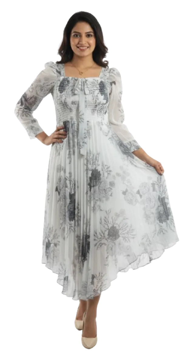 Off_White_&_Grey_Smocked_Floral_Midi_Dress_With_Bow_And_Puff_Sleeves_Midi_Dress_For_Women