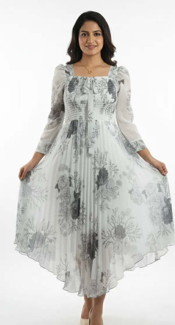 Off_White_&_Grey_Smocked_Floral_Midi_Dress_With_Bow_And_Puff_Sleeves_Midi_Dress_For_Women
