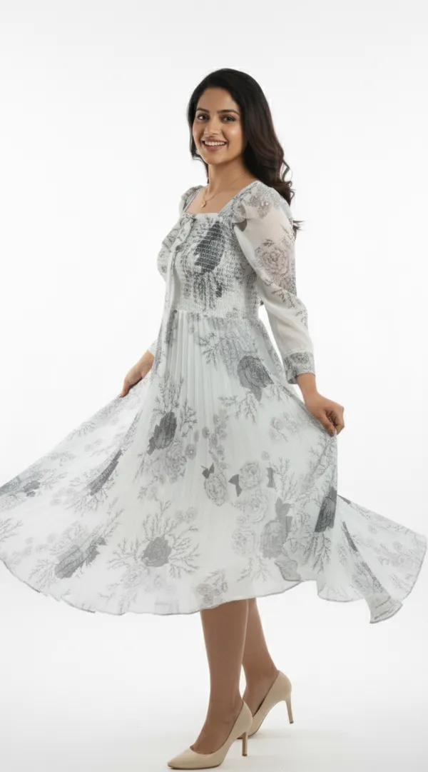 Off_White_&_Grey_Smocked_Floral_Midi_Dress_With_Bow_And_Puff_Sleeves_Midi_Dress_For_Women