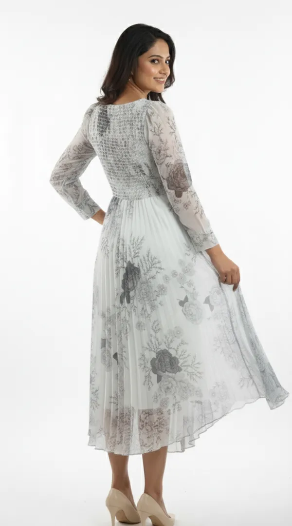 Off_White_&_Grey_Smocked_Floral_Midi_Dress_With_Bow_And_Puff_Sleeves_Midi_Dress_For_Women