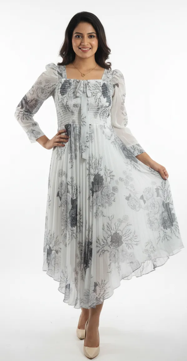 Off_White_&_Grey_Smocked_Floral_Midi_Dress_With_Bow_And_Puff_Sleeves_Midi_Dress_For_Women