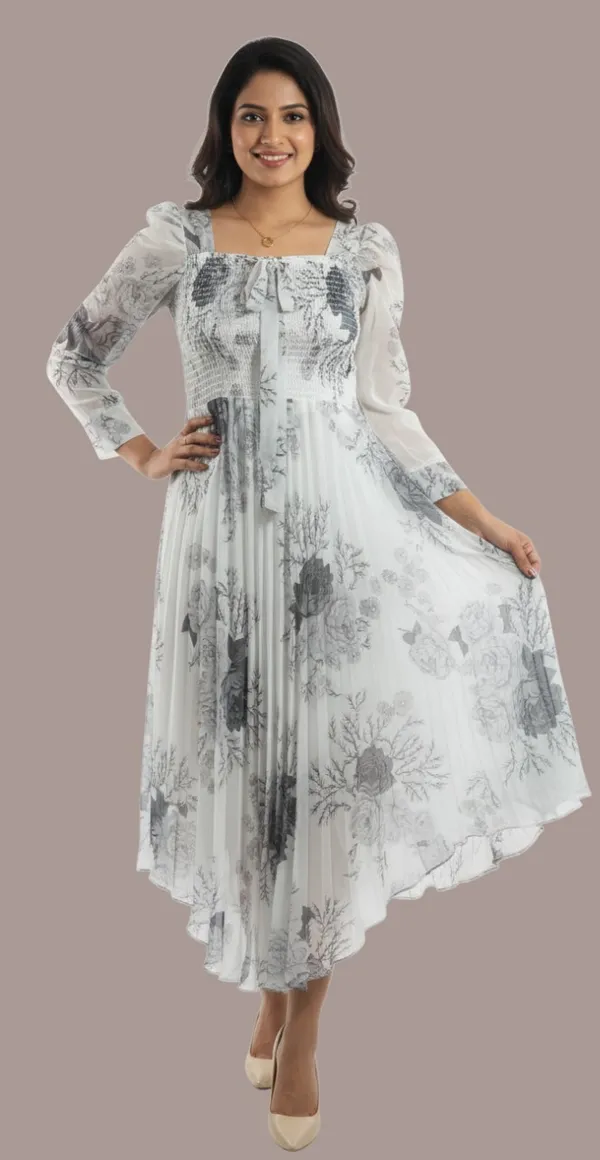 Off_White_&_Grey_Smocked_Floral_Midi_Dress_With_Bow_And_Puff_Sleeves_Midi_Dress_For_Women