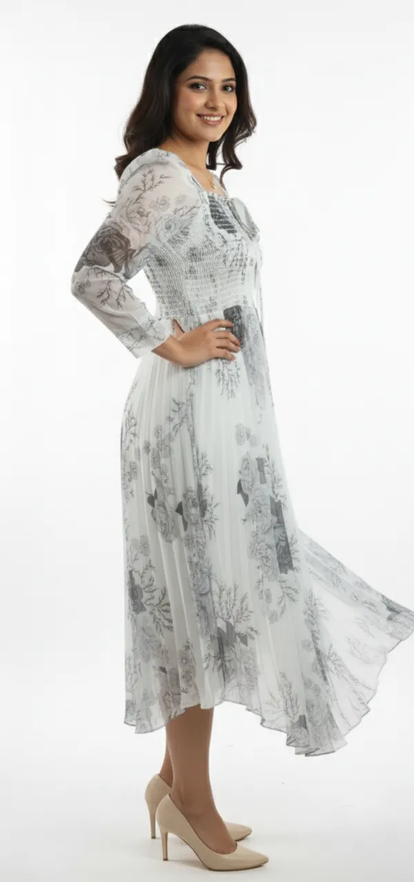 Off_White_&_Grey_Smocked_Floral_Midi_Dress_With_Bow_And_Puff_Sleeves_Midi_Dress_For_Women