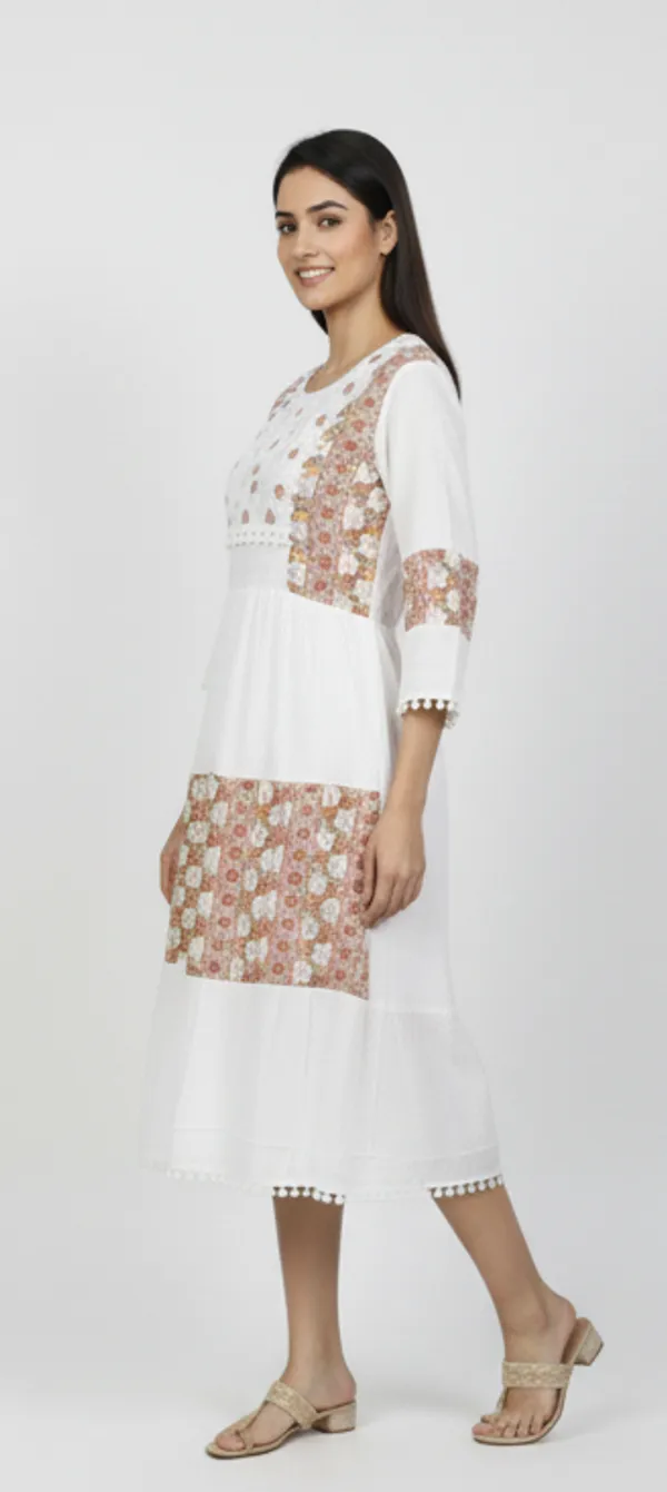 White_&_Red_Ethnic_Printed_Or_Patchwork_Design,_Pom-Pom_Lace_Gown_For_Women