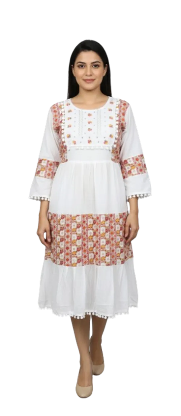 White_&_Red_Ethnic_Printed_Or_Patchwork_Design,_Pom-Pom_Lace_Gown_For_Women