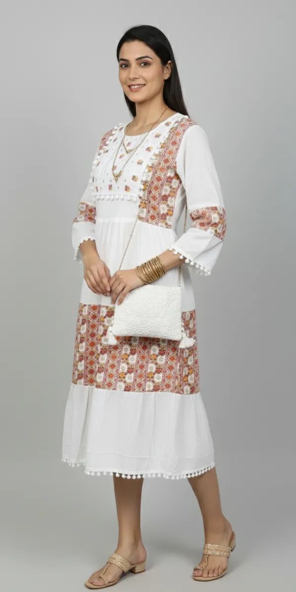 White_&_Red_Ethnic_Printed_Or_Patchwork_Design,_Pom-Pom_Lace_Gown_For_Women