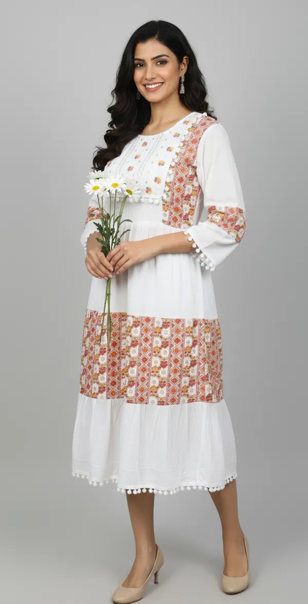 White_&_Red_Ethnic_Printed_Or_Patchwork_Design,_Pom-Pom_Lace_Gown_For_Women
