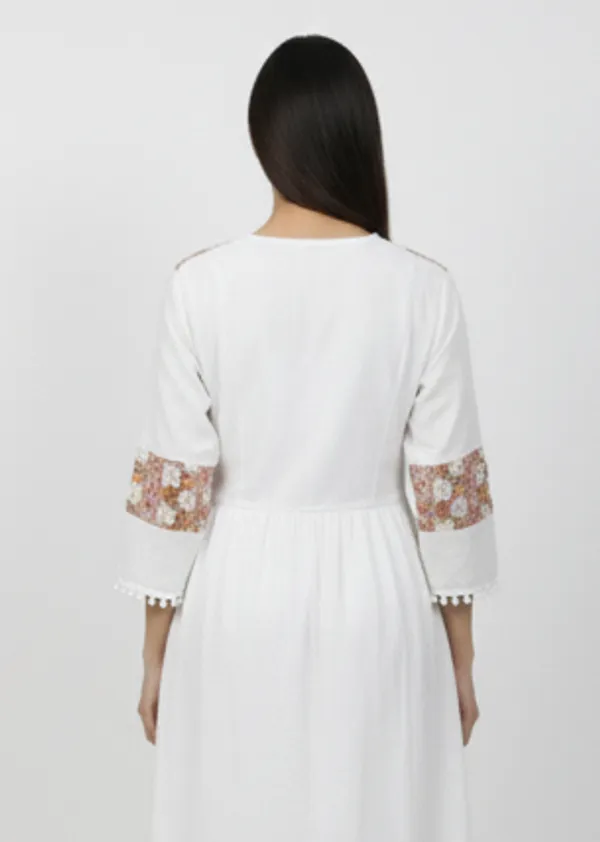 White_&_Red_Ethnic_Printed_Or_Patchwork_Design,_Pom-Pom_Lace_Gown_For_Women