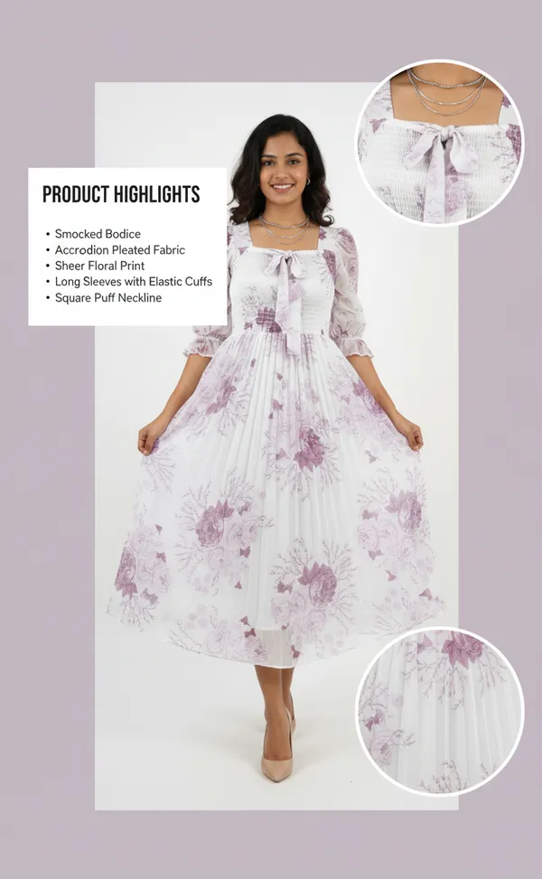 White_&_Lavender_Smocked_Floral_Midi_Dress_With_Bow_And_Puff_Sleeves_Midi_Dress_For_Women