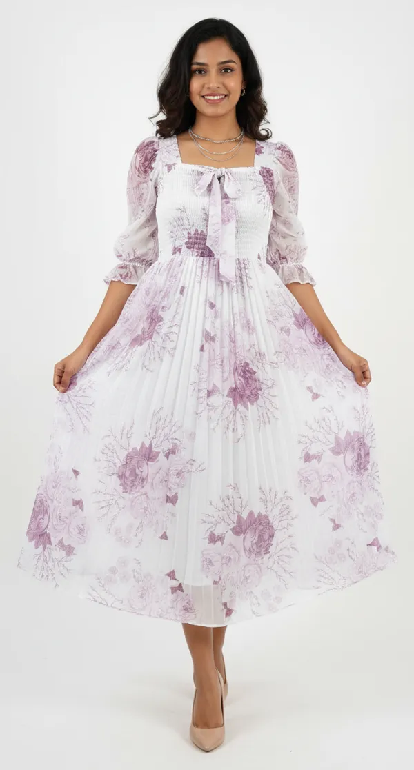 White_&_Lavender_Smocked_Floral_Midi_Dress_With_Bow_And_Puff_Sleeves_Midi_Dress_For_Women
