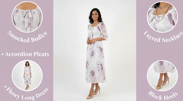 White_&_Lavender_Smocked_Floral_Midi_Dress_With_Bow_And_Puff_Sleeves_Midi_Dress_For_Women