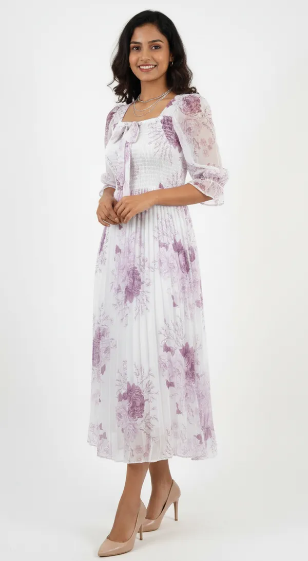 White_&_Lavender_Smocked_Floral_Midi_Dress_With_Bow_And_Puff_Sleeves_Midi_Dress_For_Women