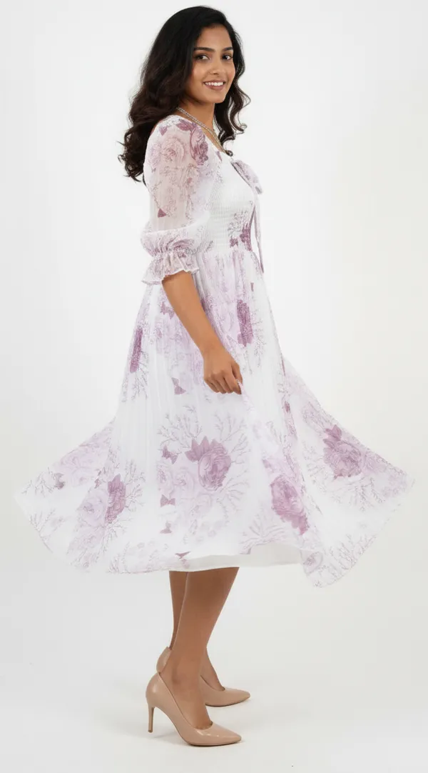 White_&_Lavender_Smocked_Floral_Midi_Dress_With_Bow_And_Puff_Sleeves_Midi_Dress_For_Women