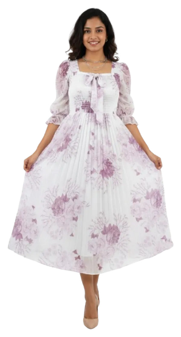 White_&_Lavender_Smocked_Floral_Midi_Dress_With_Bow_And_Puff_Sleeves_Midi_Dress_For_Women