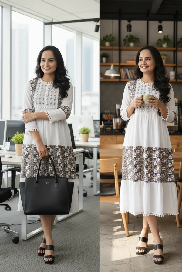 White_Ethnic_Printed_Or_Patchwork_Design,_Pom-Pom_Lace_Gown_For_Women