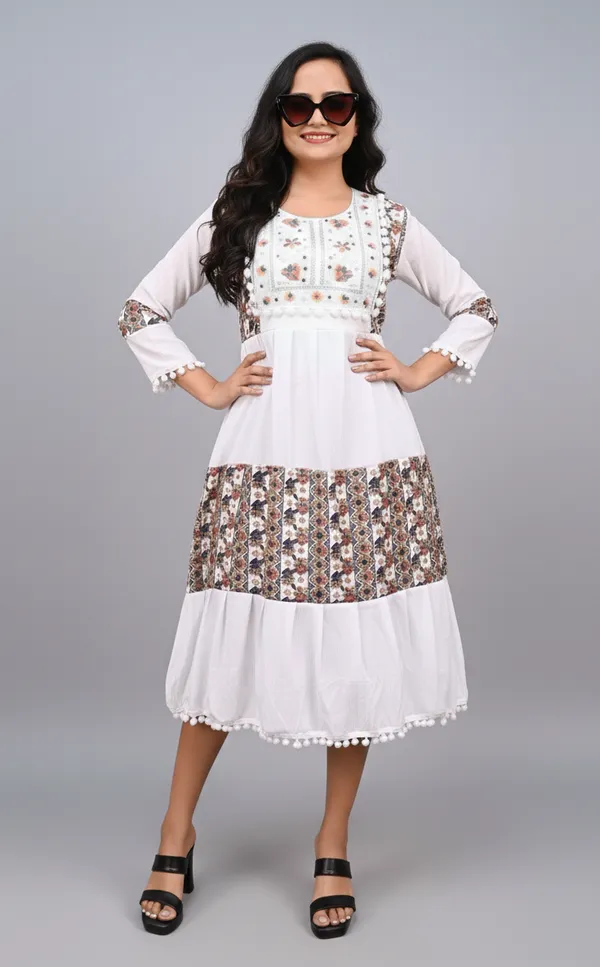 White_Ethnic_Printed_Or_Patchwork_Design,_Pom-Pom_Lace_Gown_For_Women